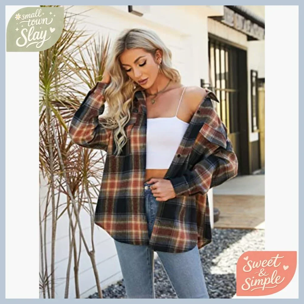 Oversized Flannel Shacket Button Down Shirt Long Sleeve Loose Fit Work Casual - Picture 3 of 6